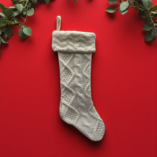 Embroidered White Cable Knit Stocking